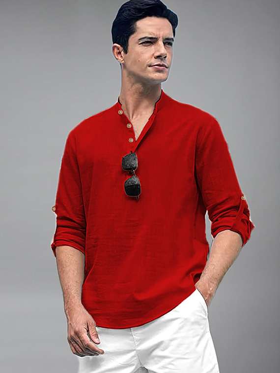 men solid mandarin neck short kurta - 22327292 -  Standard Image - 1