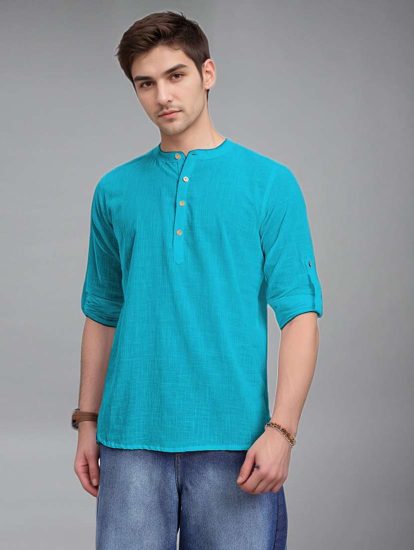 men solid long sleeve short kurta - 22327348 -  Standard Image - 1