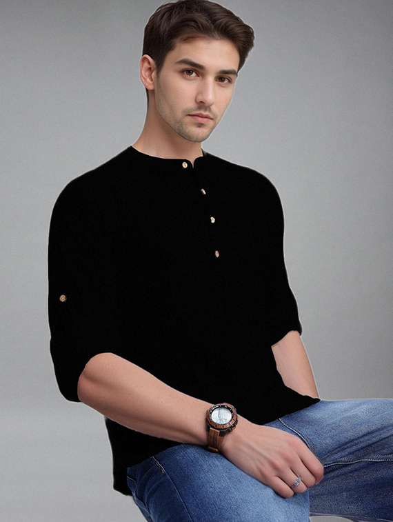 men solid mandarin neck short kurta - 22327364 -  Standard Image - 1