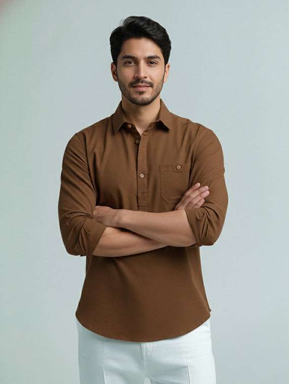 men solid long sleeve short kurta - 22327382 -  Standard Image - 1