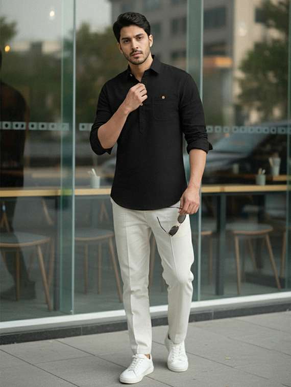 men solid long sleeve short kurta - 22327383 -  Standard Image - 4