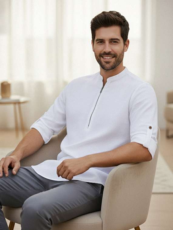 Men Solid Mandarin Neck Short Kurta - 22327487 -  Standard Image - 1