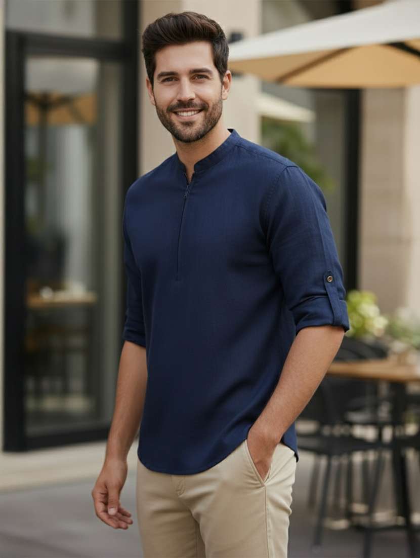 men solid mandarin neck short kurta - 22327496 -  Standard Image - 1