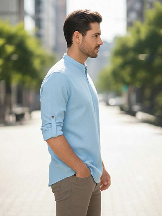 men solid mandarin neck short kurta - 22327509 -  Standard Image - 1