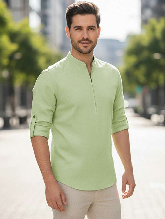 men solid mandarin neck short kurta - 22327514 -  Standard Image - 1