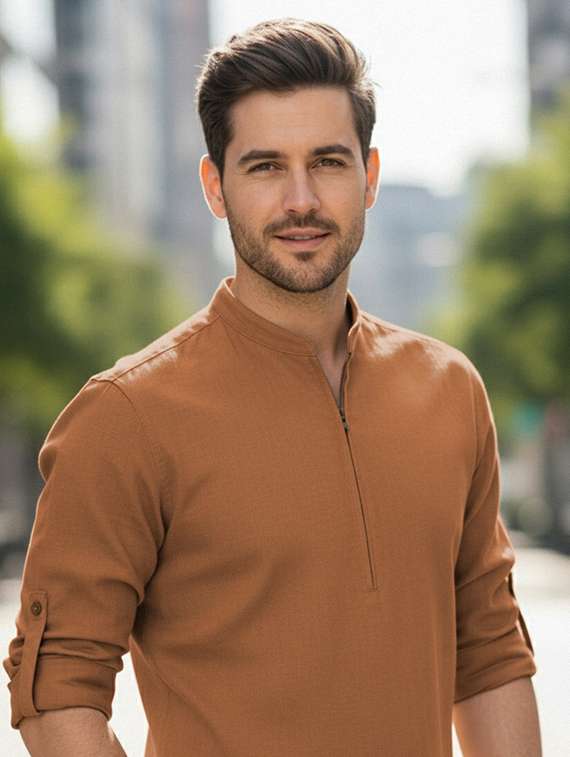 men solid mandarin neck short kurta - 22327523 -  Standard Image - 1