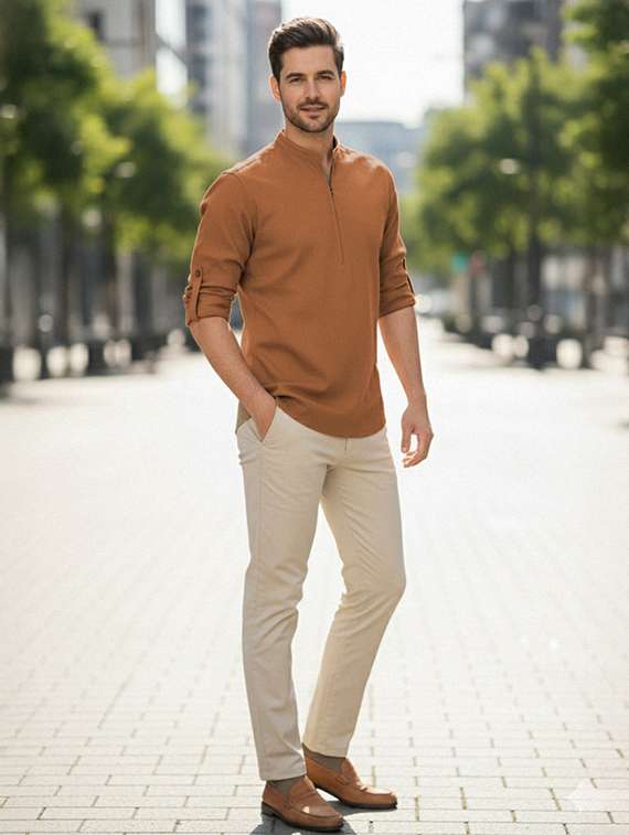 men solid mandarin neck short kurta - 22327523 -  Standard Image - 4