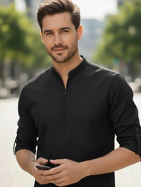 men solid mandarin neck short kurta - 22327524 -  Standard Image - 1