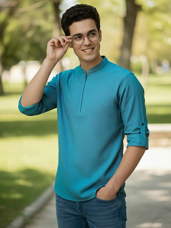 men solid mandarin neck short kurta - 22327528 -  Standard Image - 1