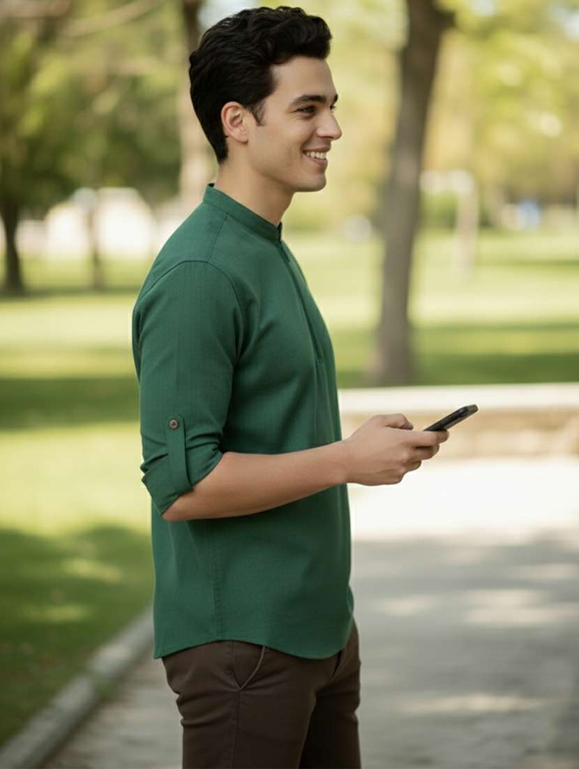 men solid mandarin neck short kurta - 22327542 -  Standard Image - 1