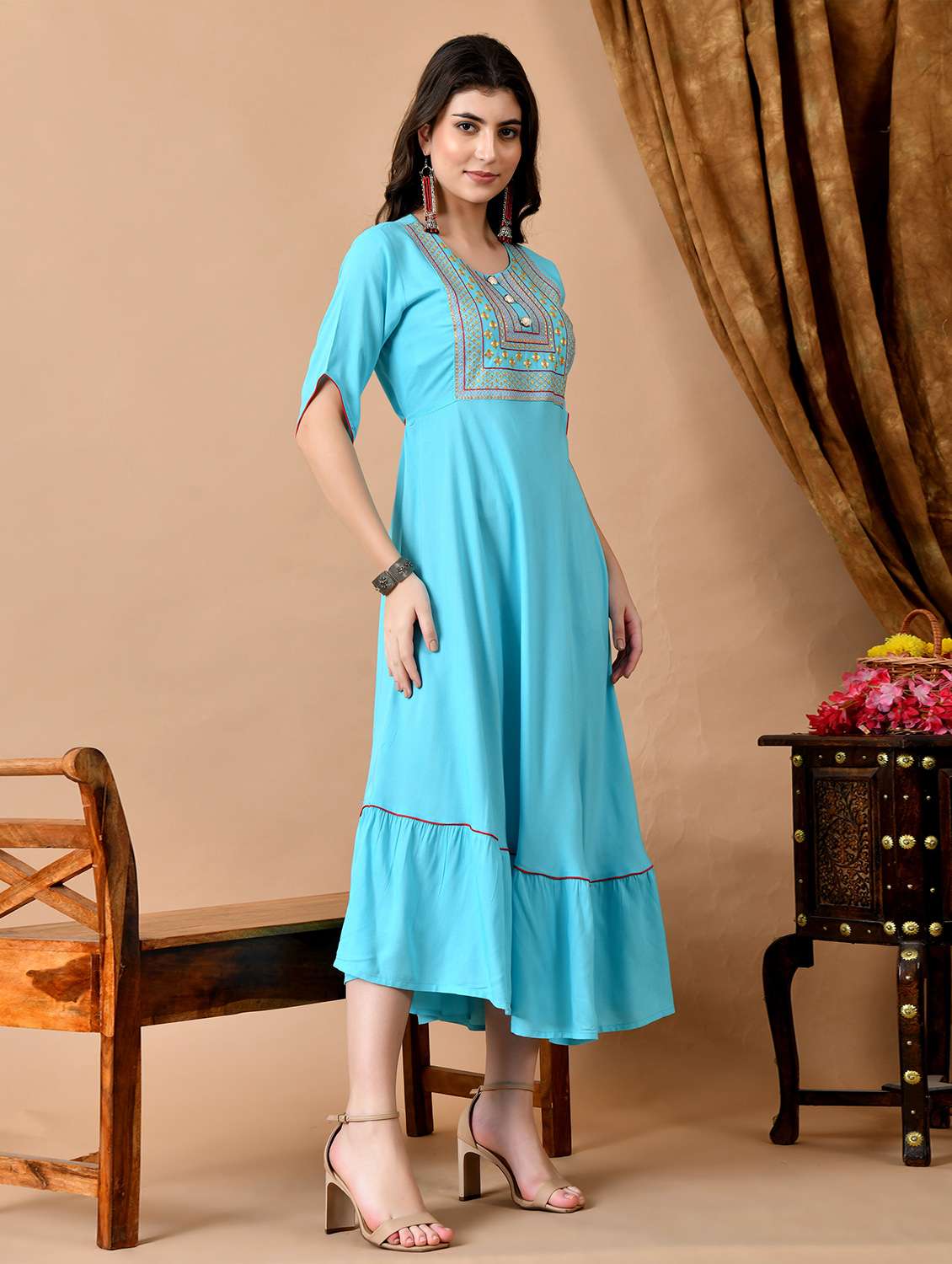 women solid wiith work elbow sleeve ethnic dress - 22327599 -  Standard Image - 1