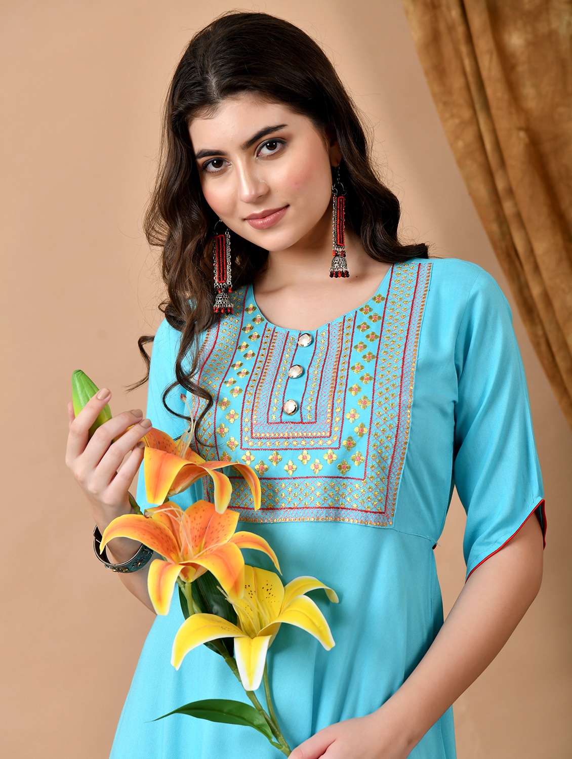 women solid wiith work elbow sleeve ethnic dress - 22327599 -  Standard Image - 4