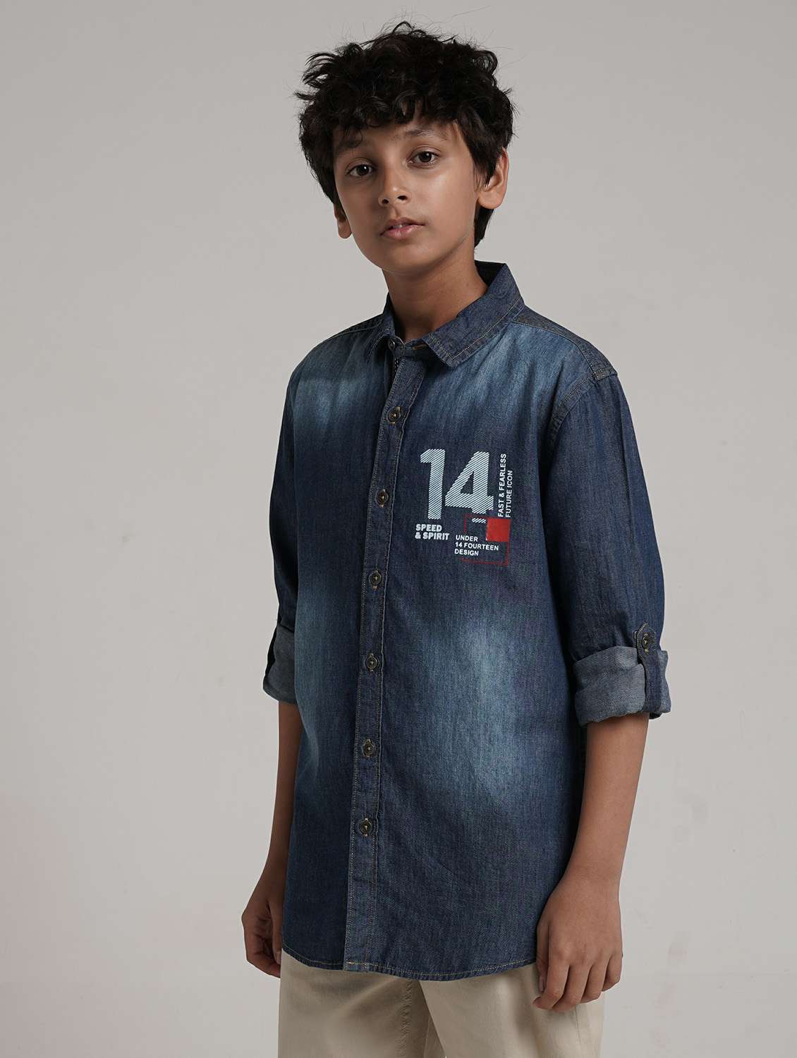 boys printed collared roll up sleeve denim shirt - 22327855 -  Standard Image - 1