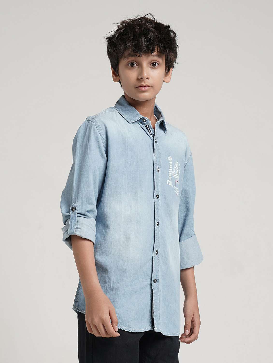 boys printed collared roll up sleeve denim shirt - 22327856 -  Standard Image - 1