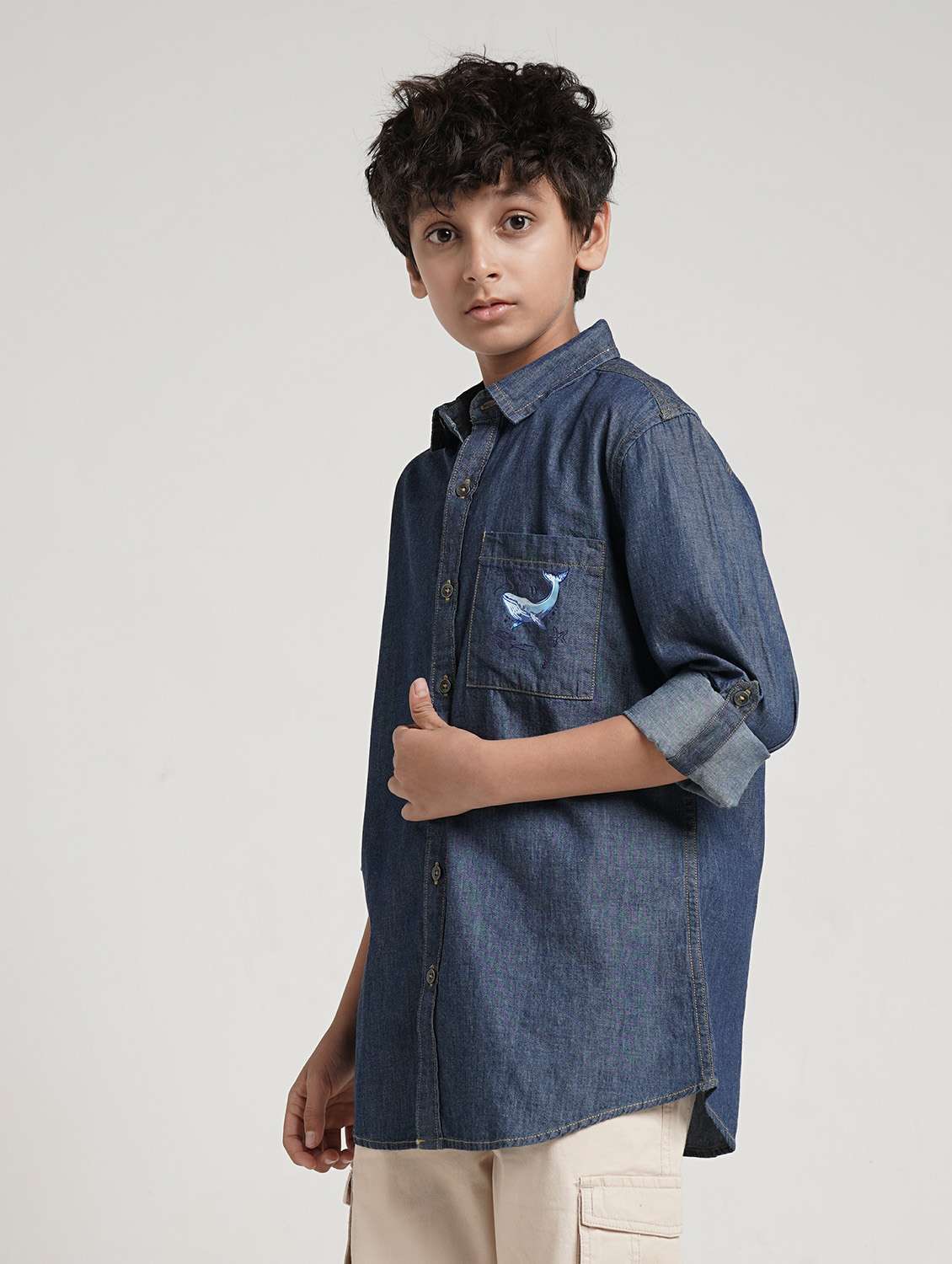 boys solid collared long sleeve denim shirt - 22327857 -  Standard Image - 1