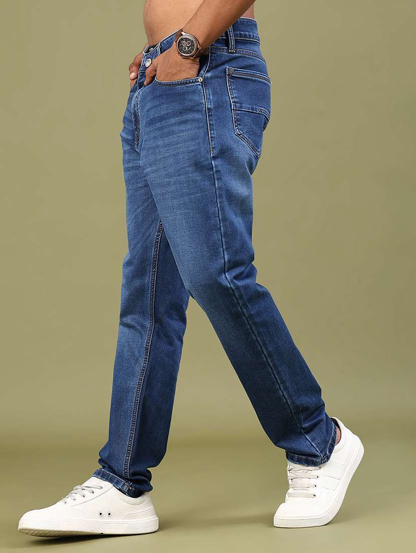 men washed mid rise full length jeans