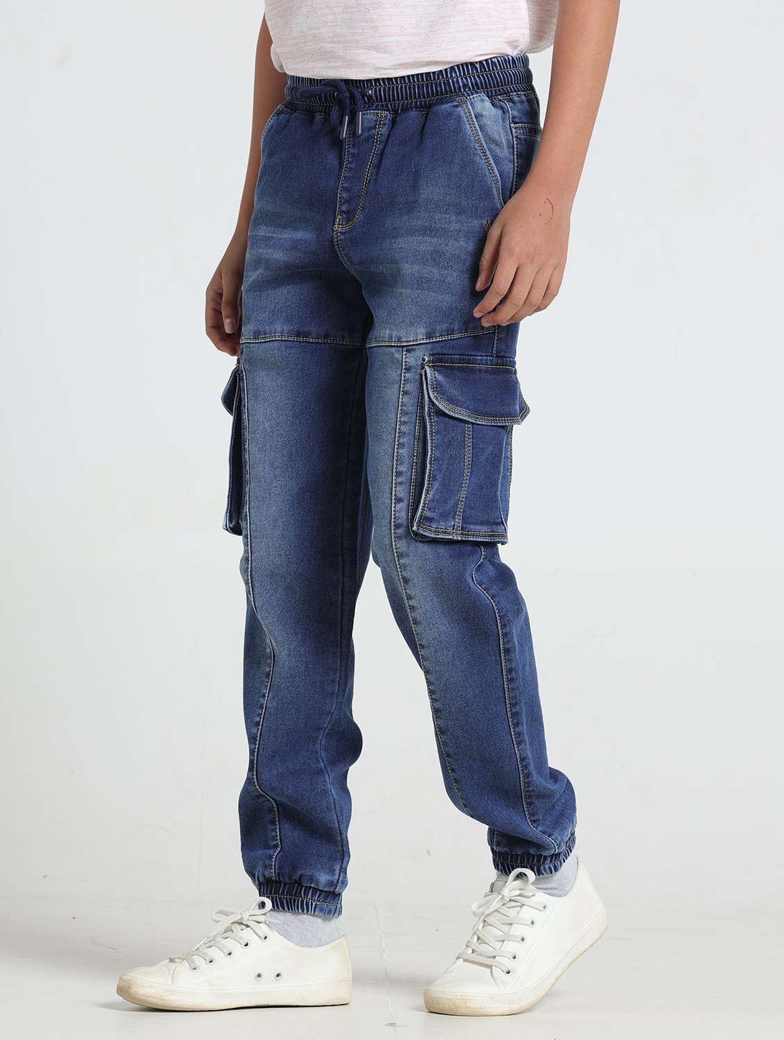 boys solid mid rise denim cargo