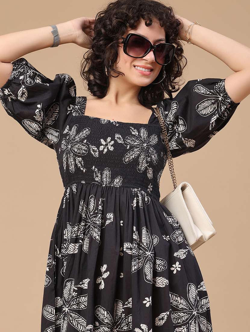 women printed puff sleeves a-line dress