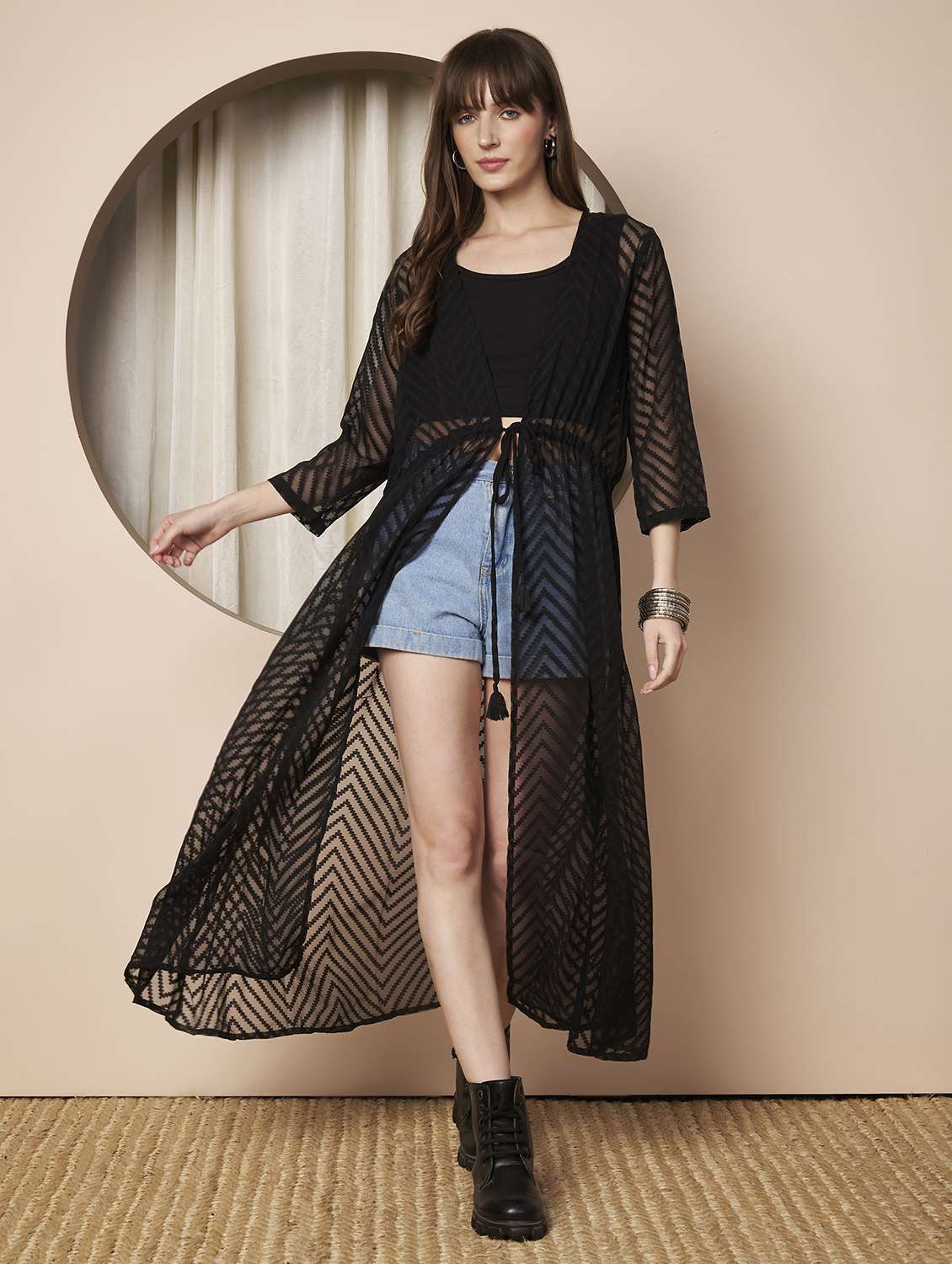 women printed three quarter sleeve long shrug - 22328803 -  Standard Image - 4