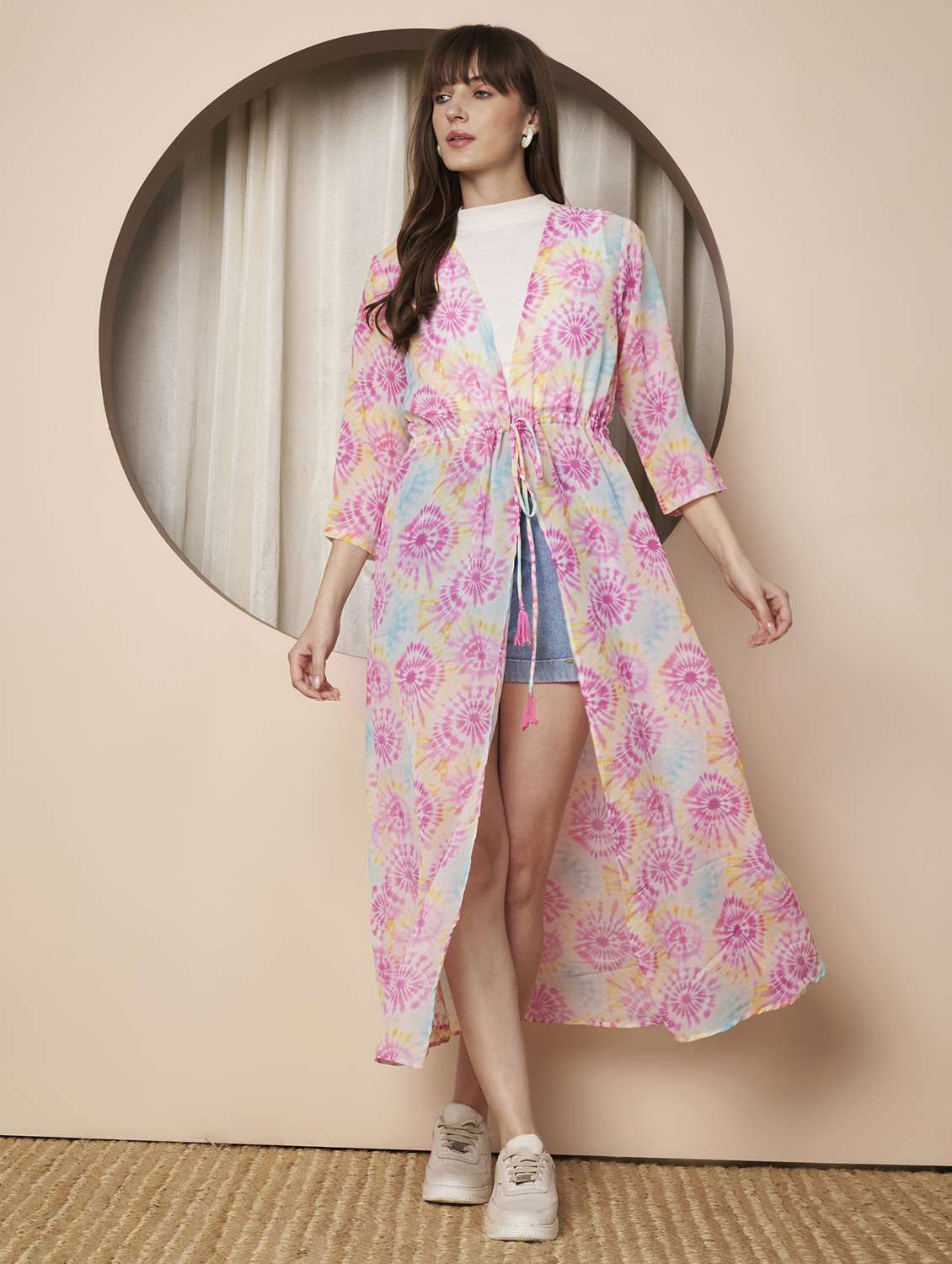 women printed three quarter sleeve long shrug - 22328806 -  Standard Image - 1