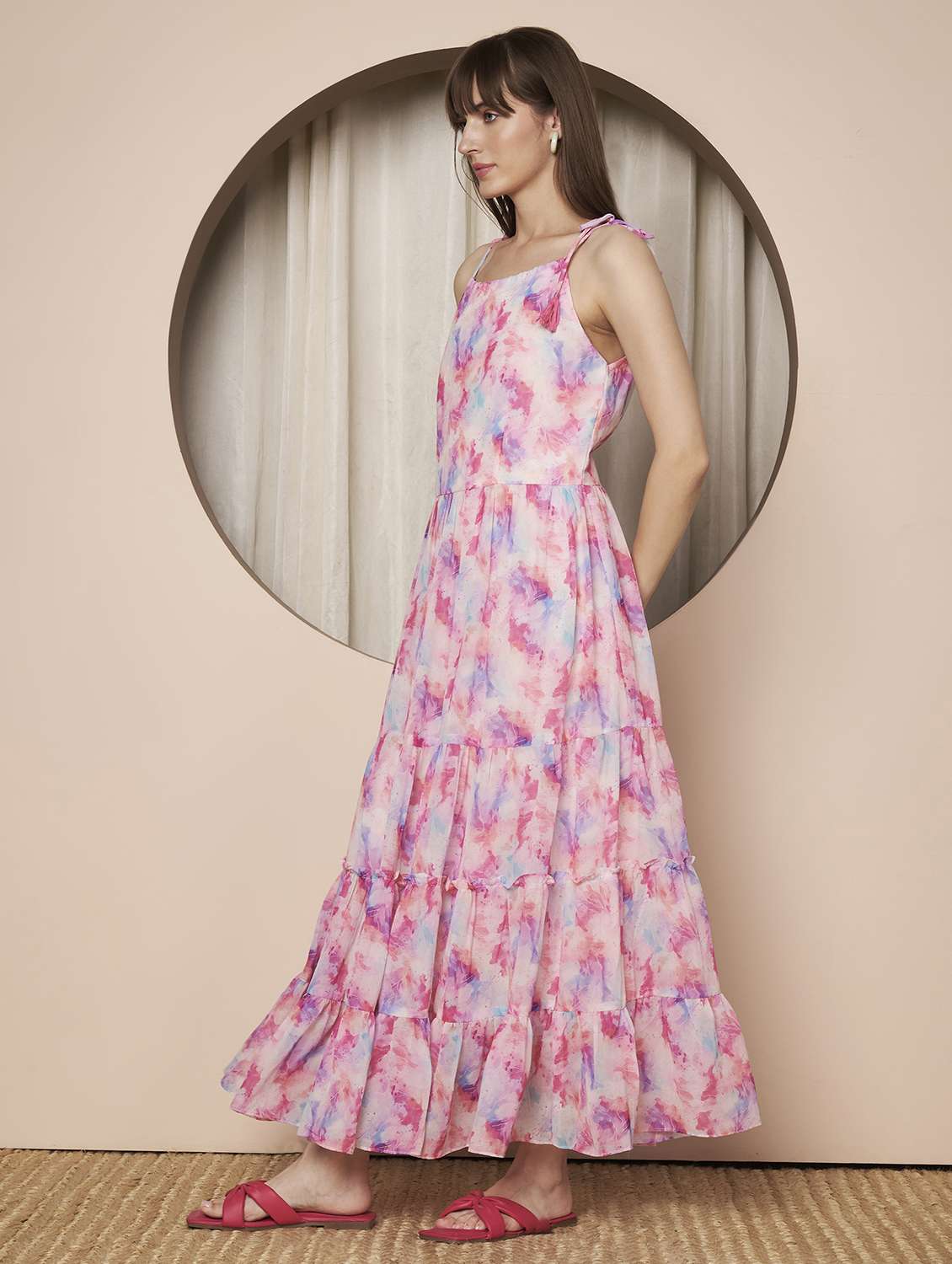 women printed shoulder strap tiered dress - 22328810 -  Standard Image - 1