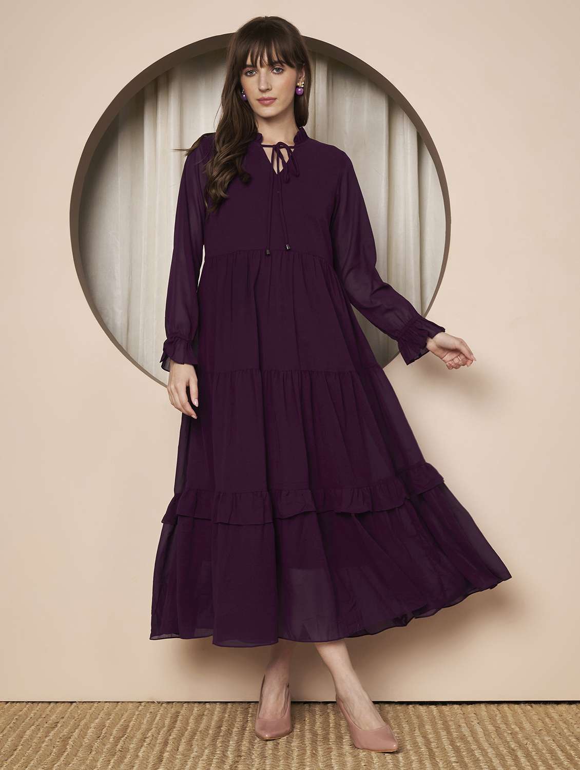women solid long sleeve tiered maxi dress - 22328811 -  Standard Image - 1