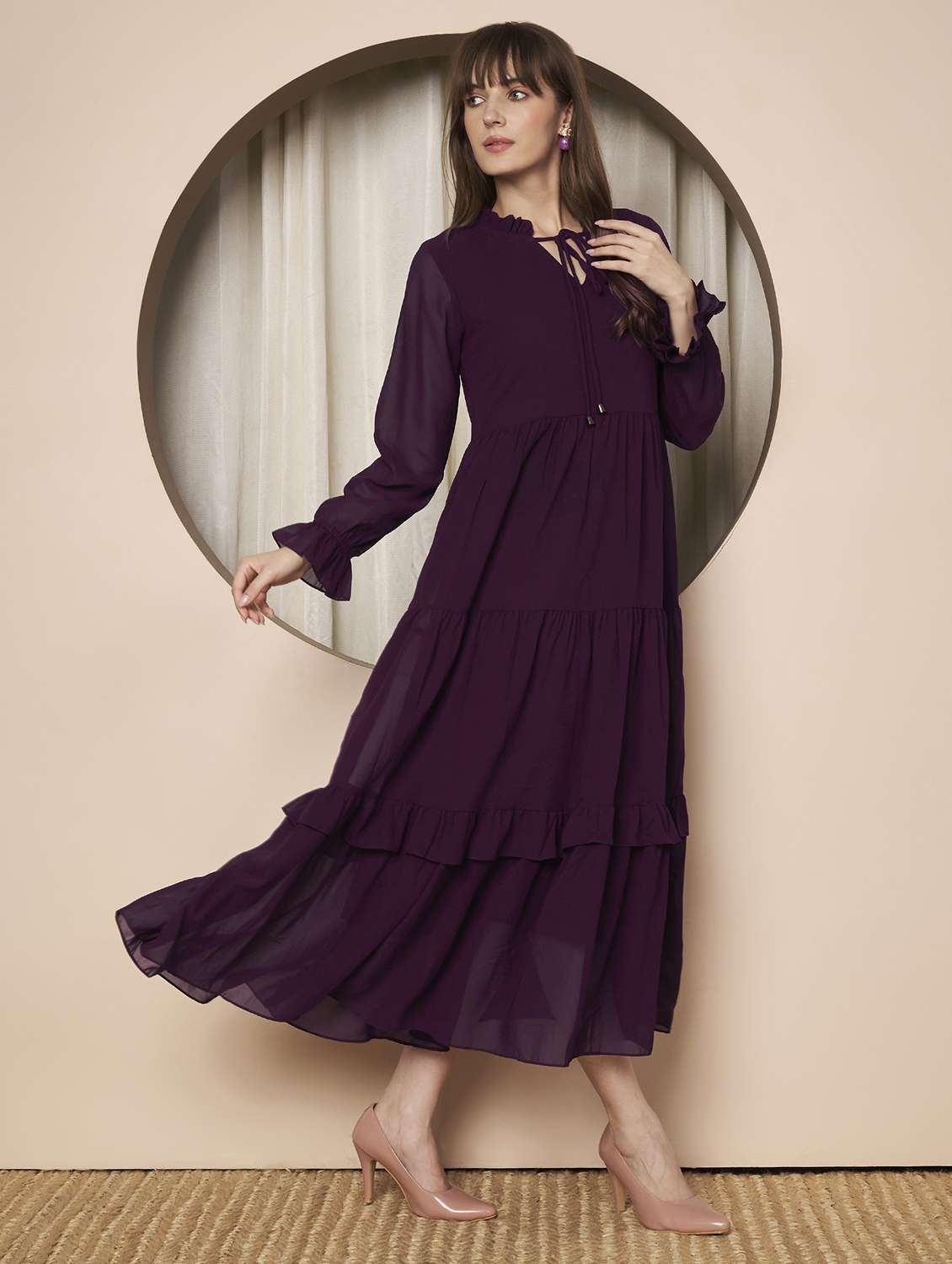 women solid long sleeve tiered maxi dress - 22328811 -  Standard Image - 4