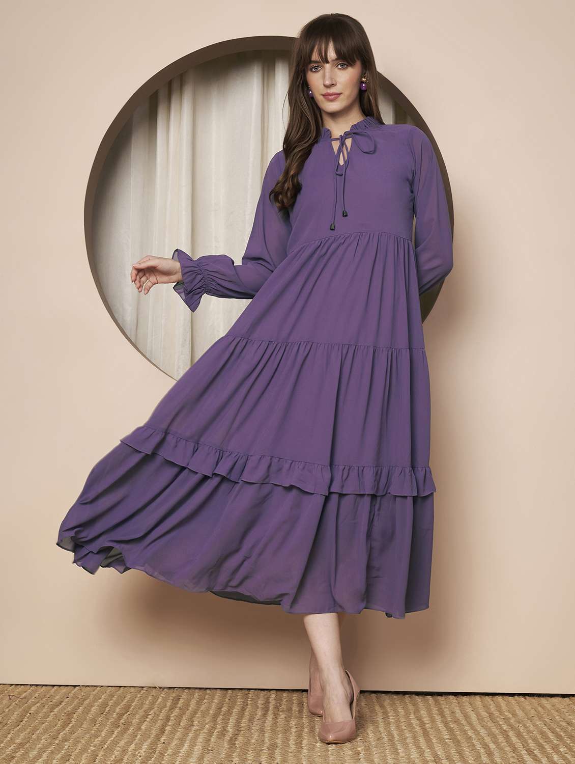 women solid long sleeve tiered maxi dress - 22328812 -  Standard Image - 1