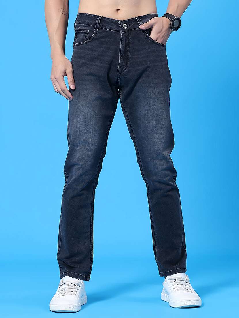 men washed mid rise full length tapered jeans