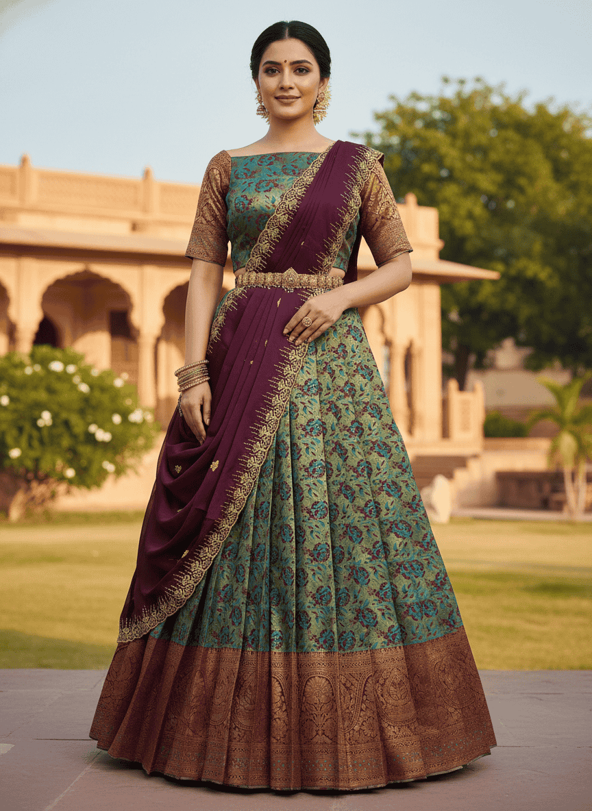 women self design south indian style unstitched lehenga choli set