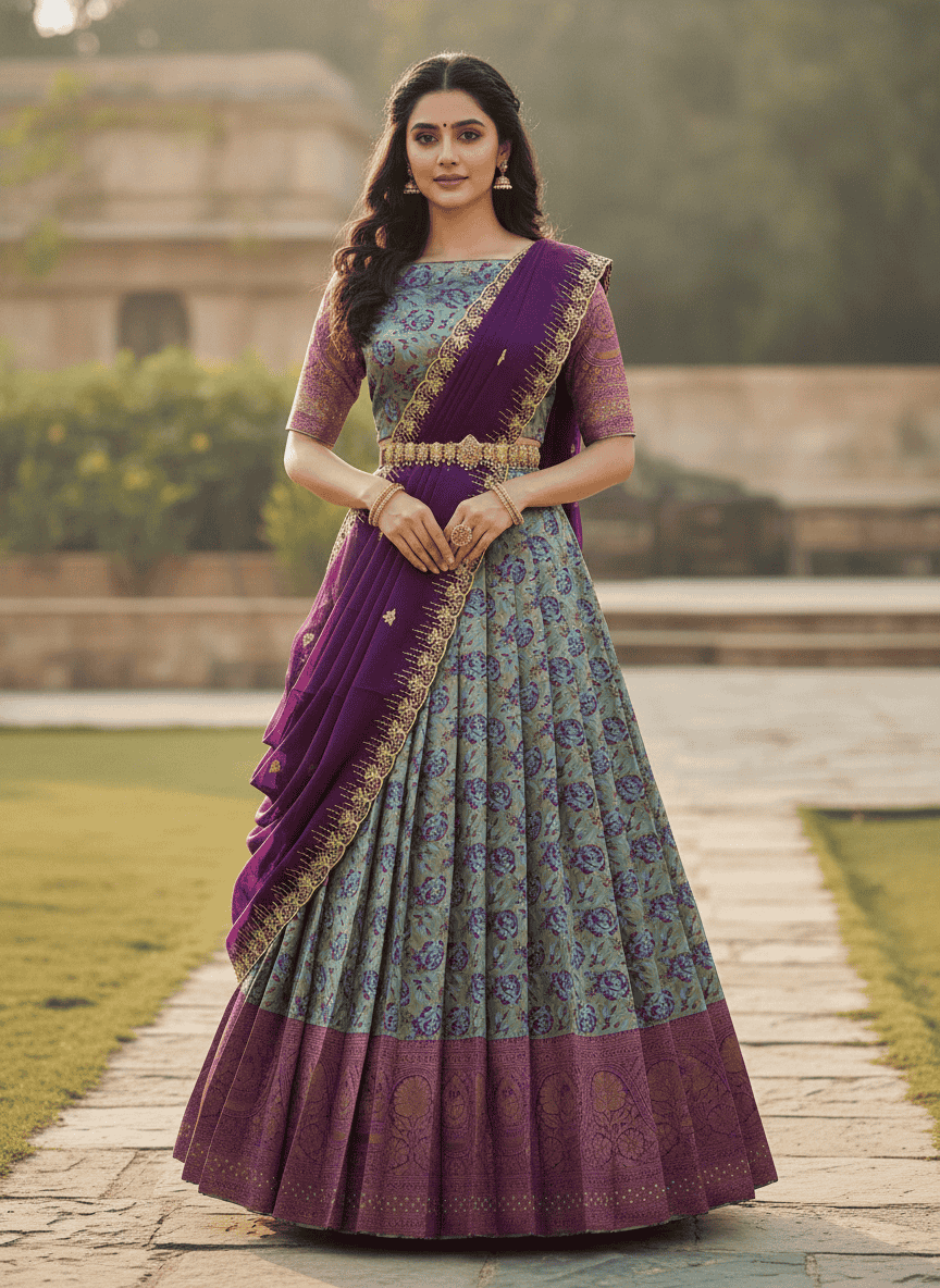 women self design south indian style unstitched lehenga choli set