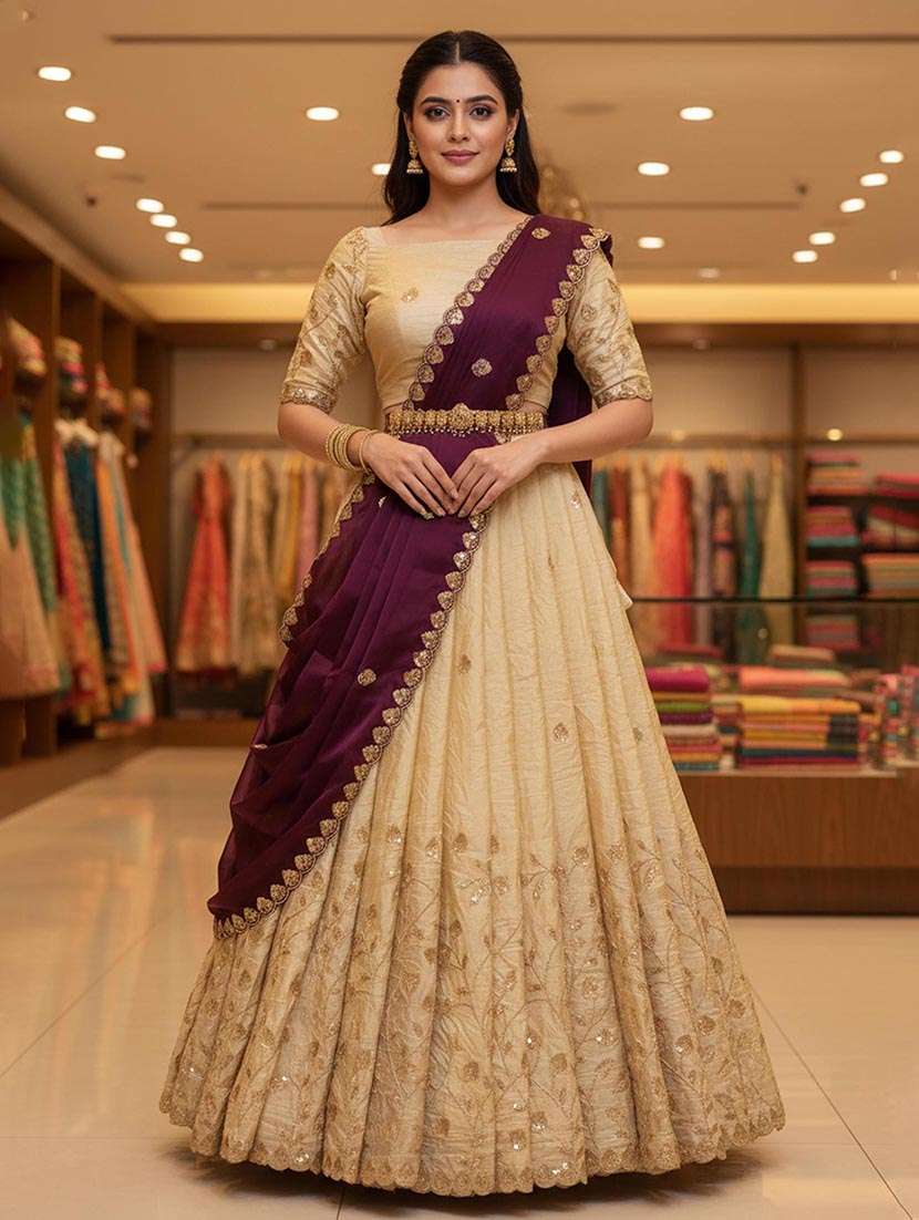 women solid with work flared unstitched lehenga choli set