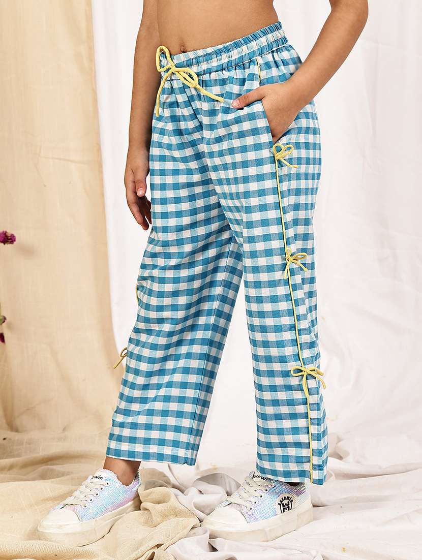 girls checkered mid rise straigt trouser - 22329494 -  Standard Image - 1