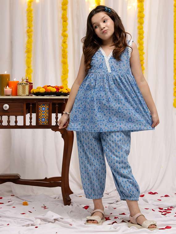girls printed sleeveless kurta & salwar set - 22329520 -  Standard Image - 1