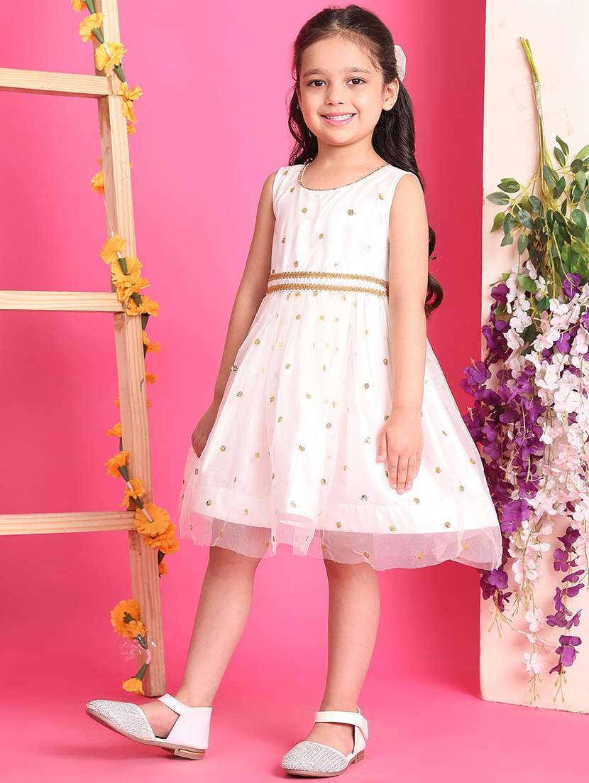 girls solid with work round neck fit & flare dress - 22329575 -  Standard Image - 1