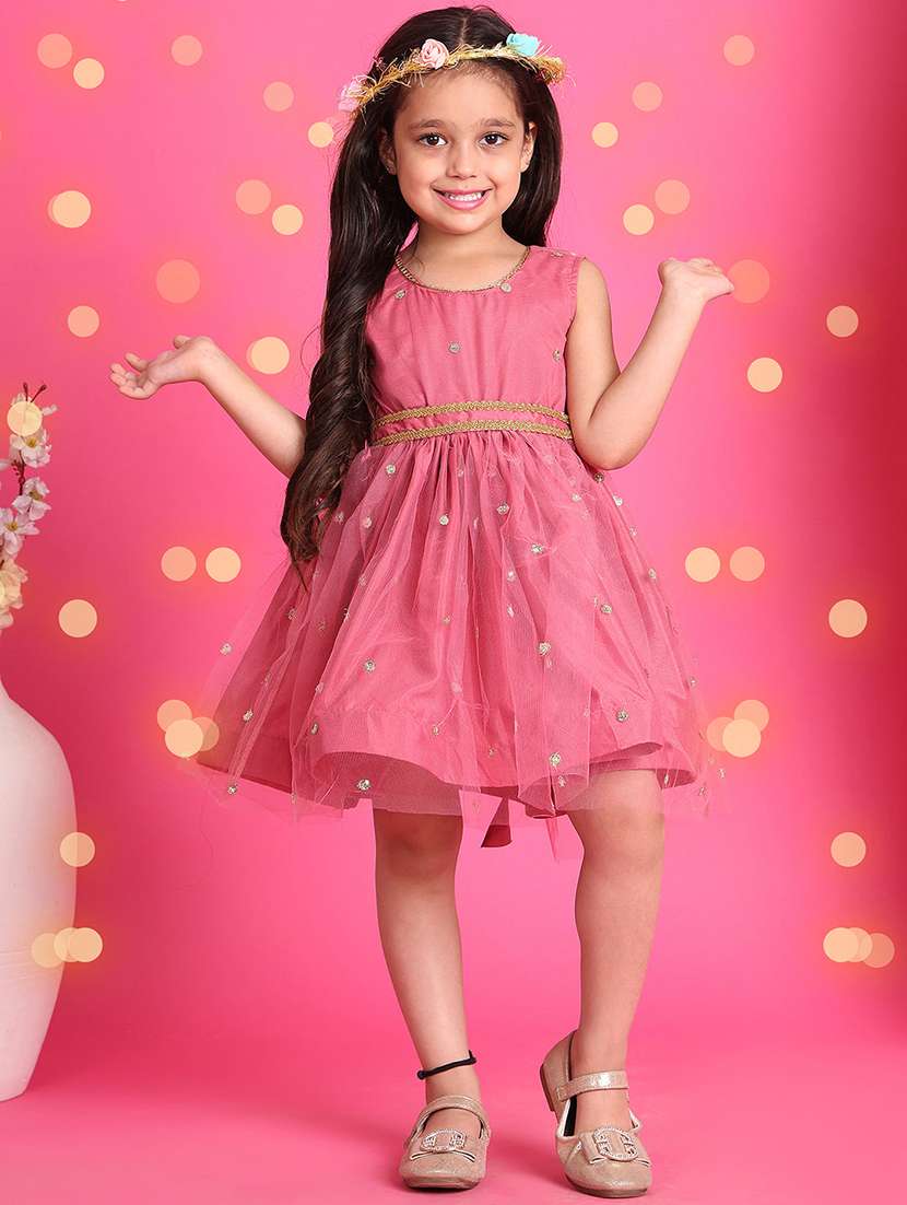girls solid with work round neck fit & flare dress - 22329576 -  Standard Image - 1