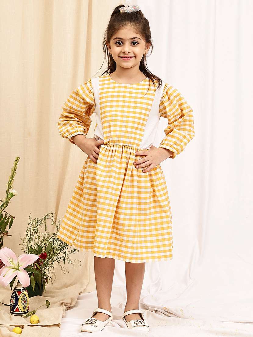 girls checkered puff sleeve a-line dress - 22329605 -  Standard Image - 1