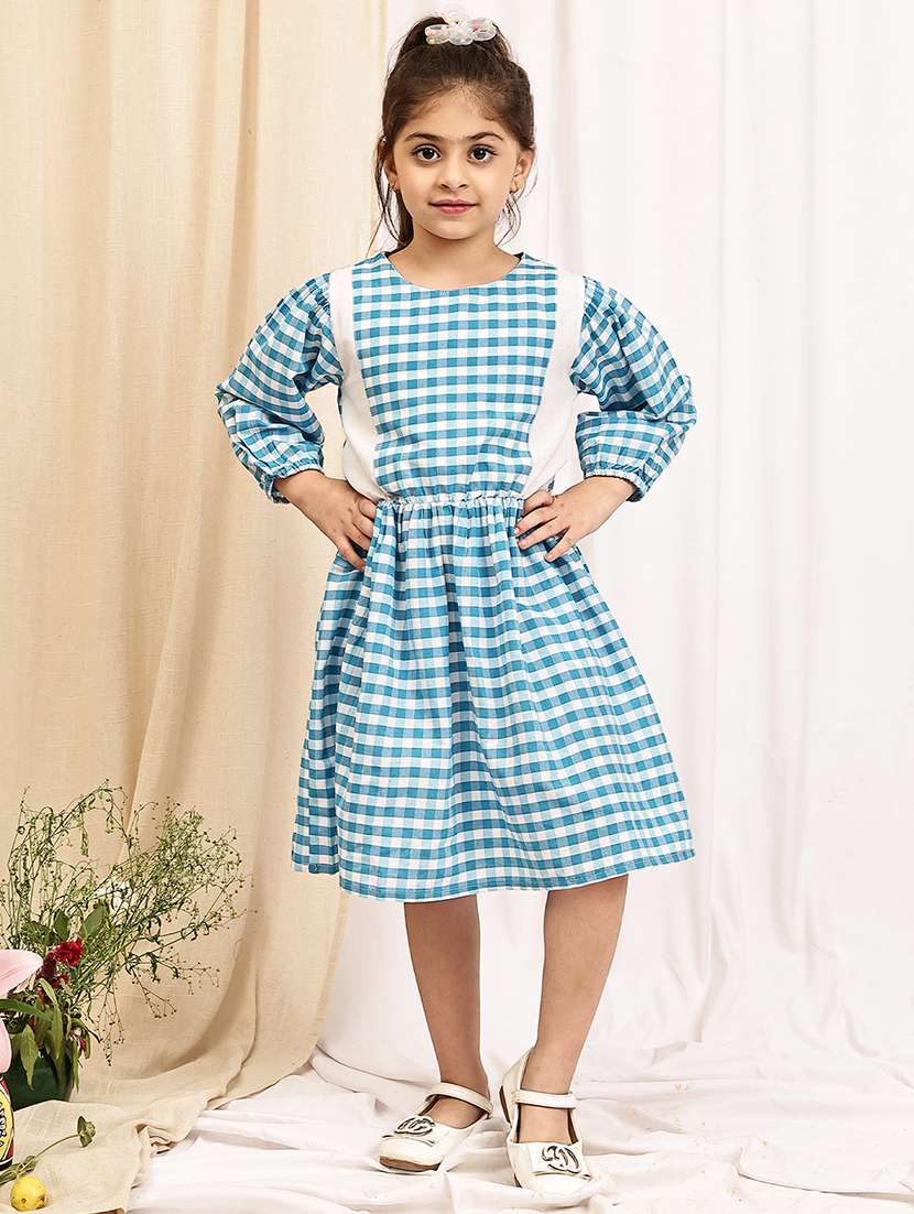 girls checkered puff sleeve a-line dress
