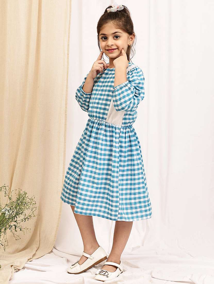 girls checkered puff sleeve a-line dress - 22329606 -  Standard Image - 1