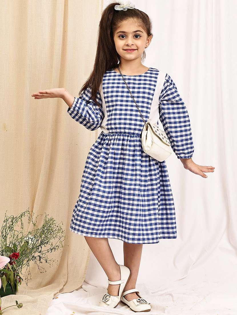 girls checkered puff sleeve a-line dress