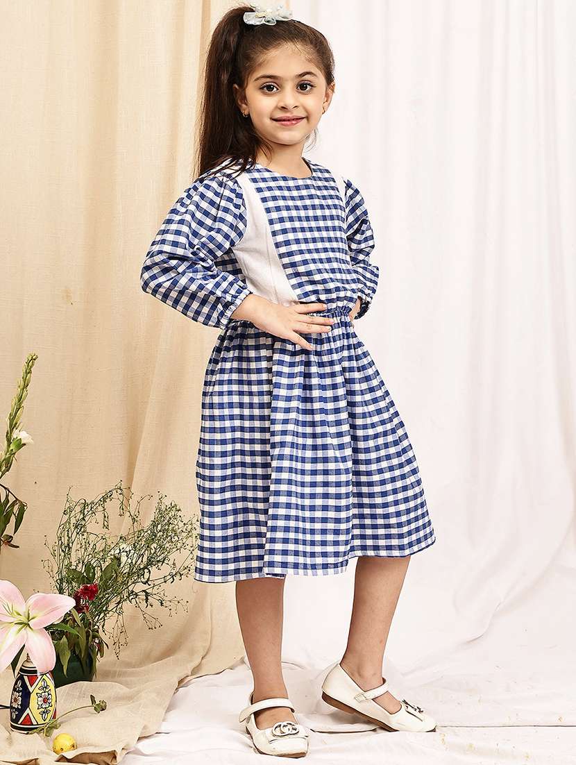 girls checkered puff sleeve a-line dress - 22329607 -  Standard Image - 1