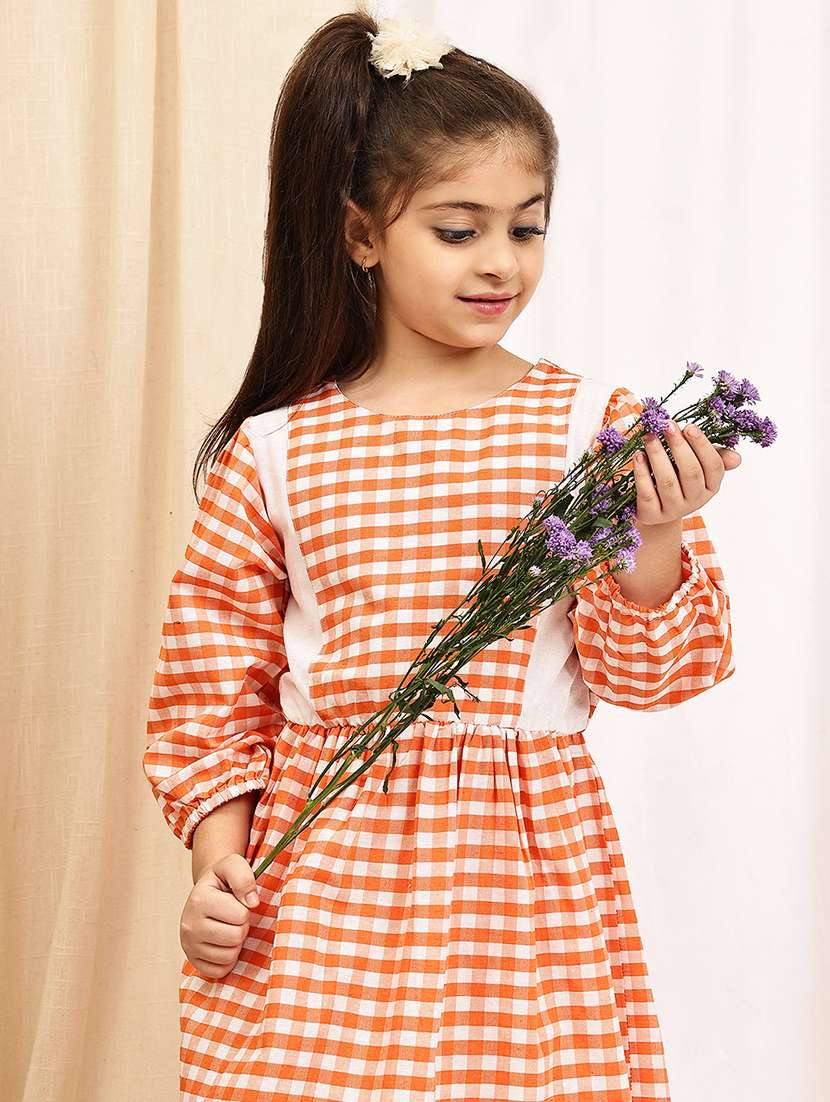 girls checkered puff sleeve a-line dress - 22329608 -  Standard Image - 1