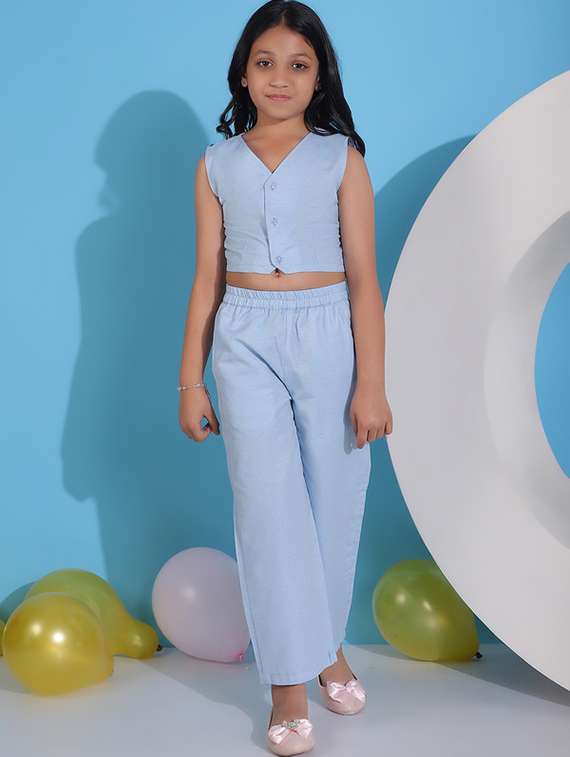 girls solid top & trouser co-ord set
