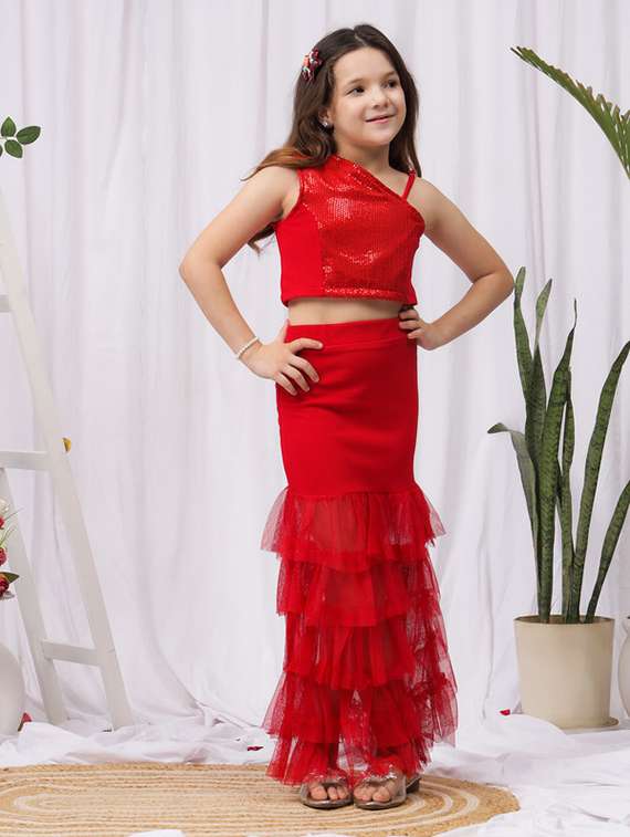 girls solid skirt & top co-ord set