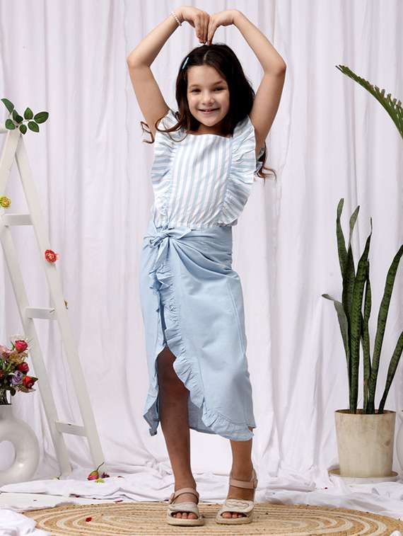 girls striped top and short set with wrap skirt