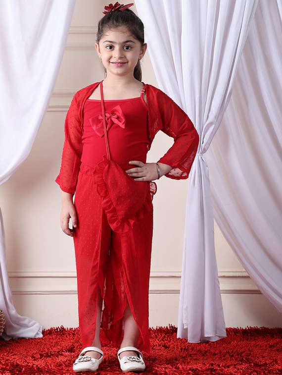 girls solid top and shorts set with wrap skirt - 22329664 -  Standard Image - 1