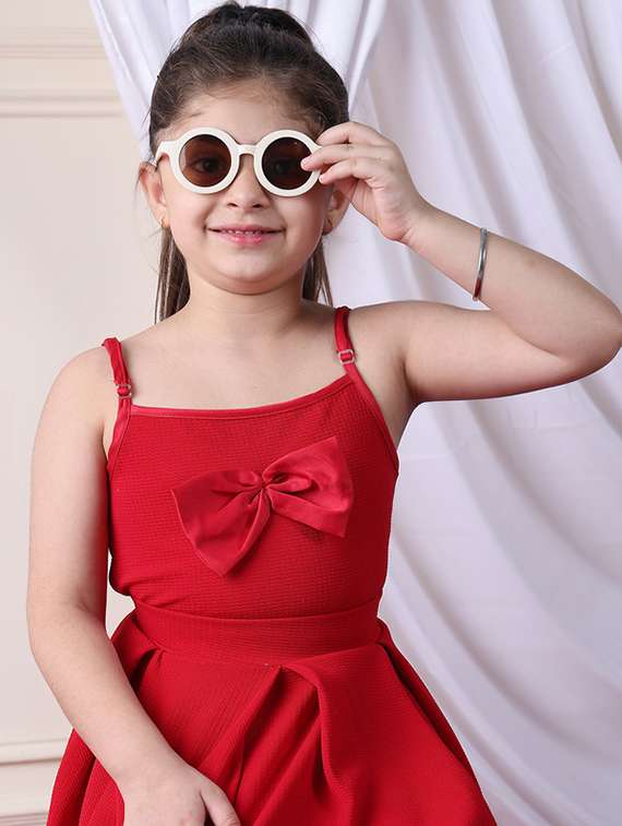 girls solid shoulder strap flared dress - 22329667 -  Standard Image - 1