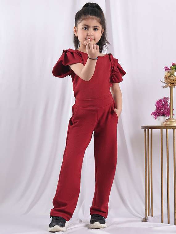 girls solid ruffle sleeve jump suit