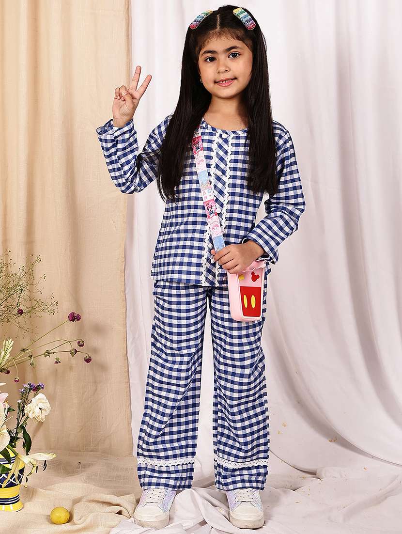 girls checkered long sleeve top & trouser co-ord set