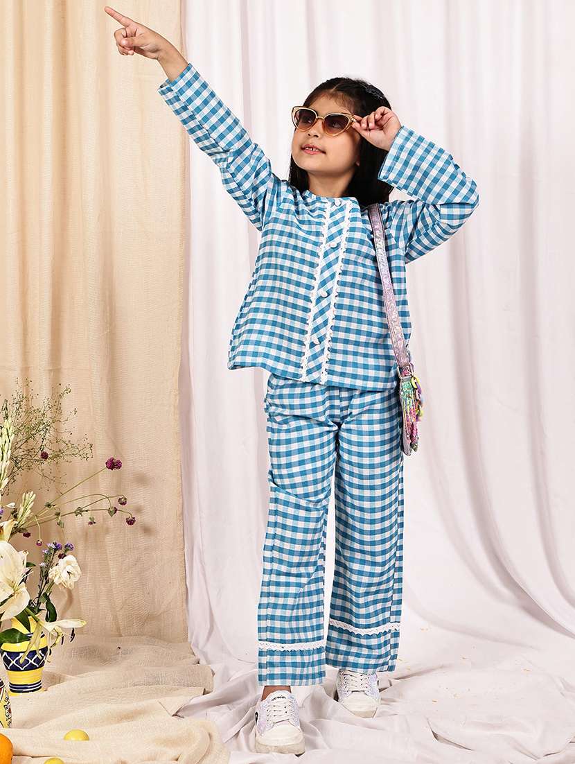 girls checkered long sleeve top & trouser co-ord set